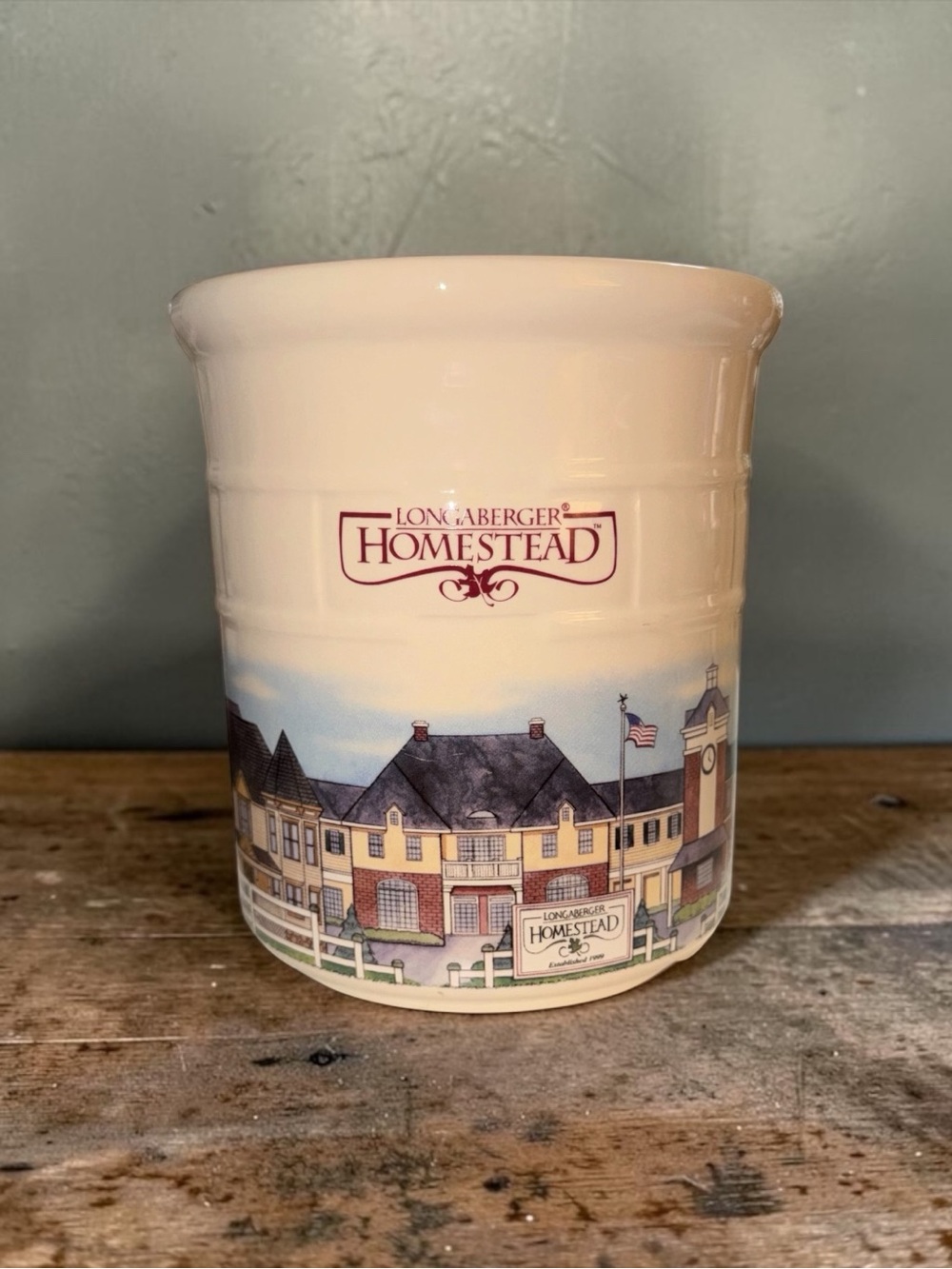 Longaberger Homestead Ceramic Crock - White with Yellow and Blue Town Scene